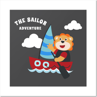 Funny lion sailor cartoon vector on little boat with cartoon style. Posters and Art